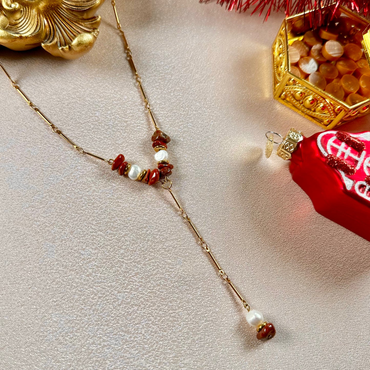 Collier en Y Perla - Jaspe Rouge