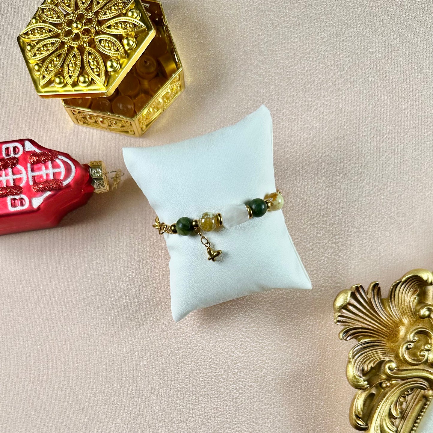 Bracelet Mia - Jade Verte, Blanc & Agate de Feu