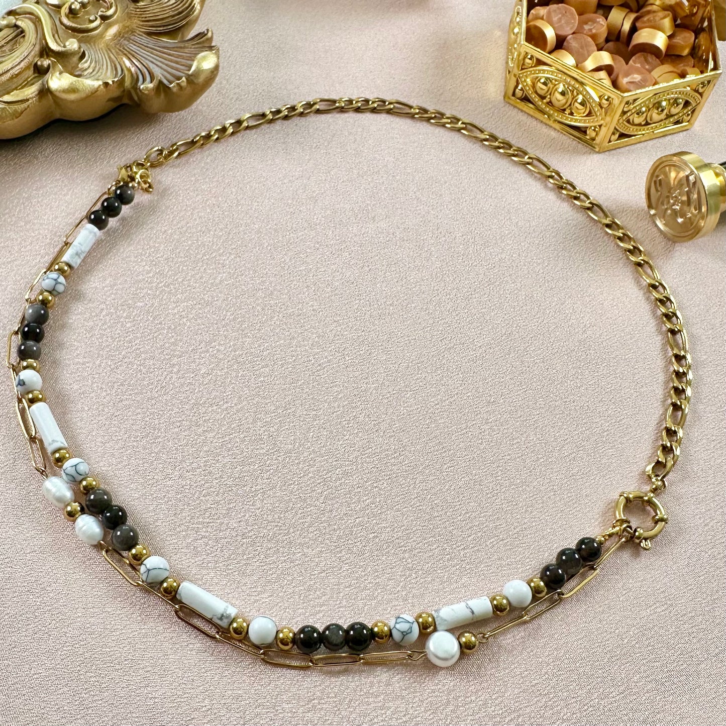 Collier Trésor interchangeable - Obsidienne & Howlite