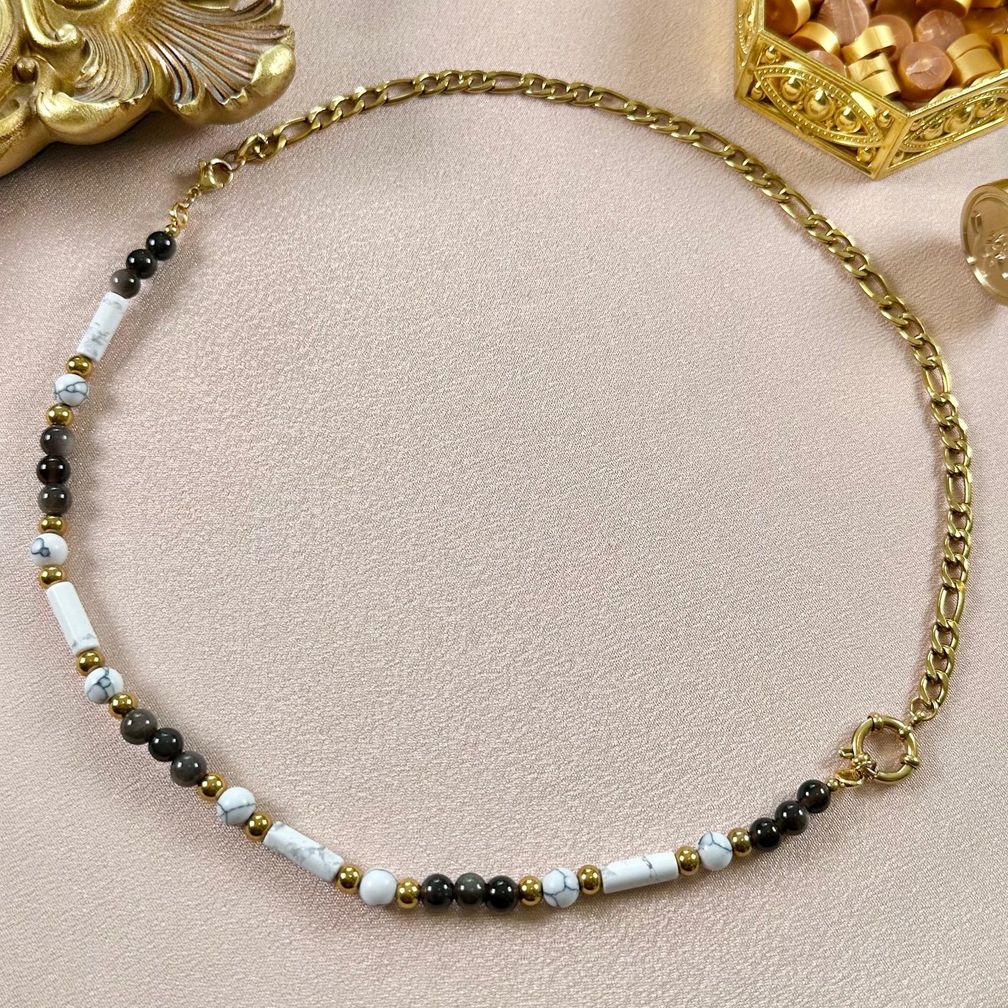 Collier Trésor interchangeable - Obsidienne & Howlite