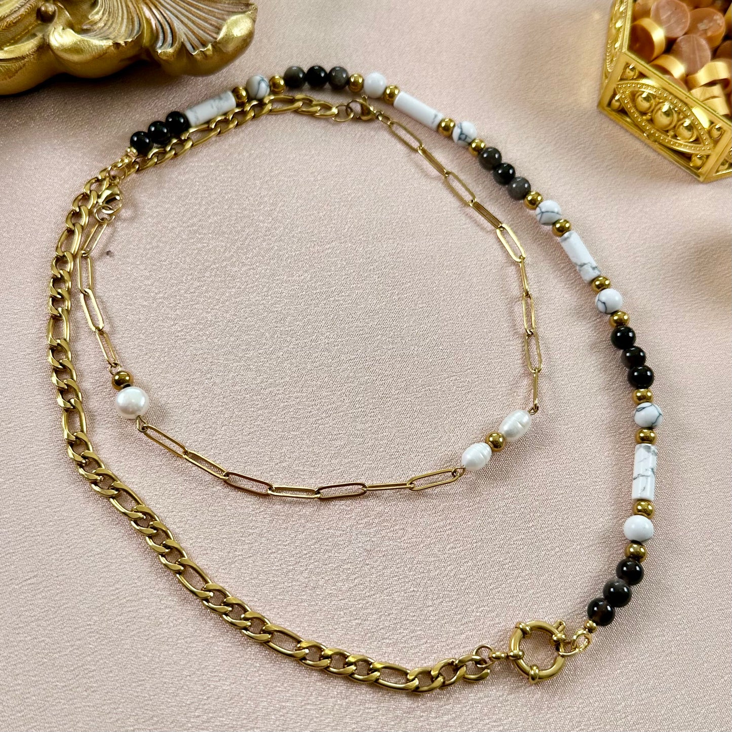 Collier Trésor interchangeable - Obsidienne & Howlite