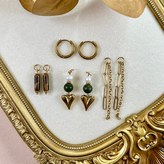Boucles d'oreilles Joyau interchangeables - Jade Verte & Oeil de Tigre