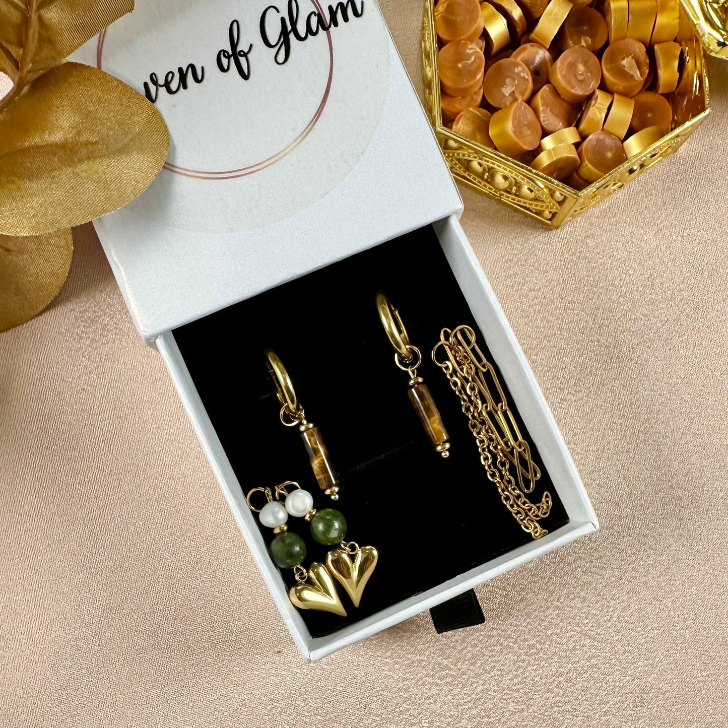 Boucles d'oreilles Joyau interchangeables - Jade Verte & Oeil de Tigre