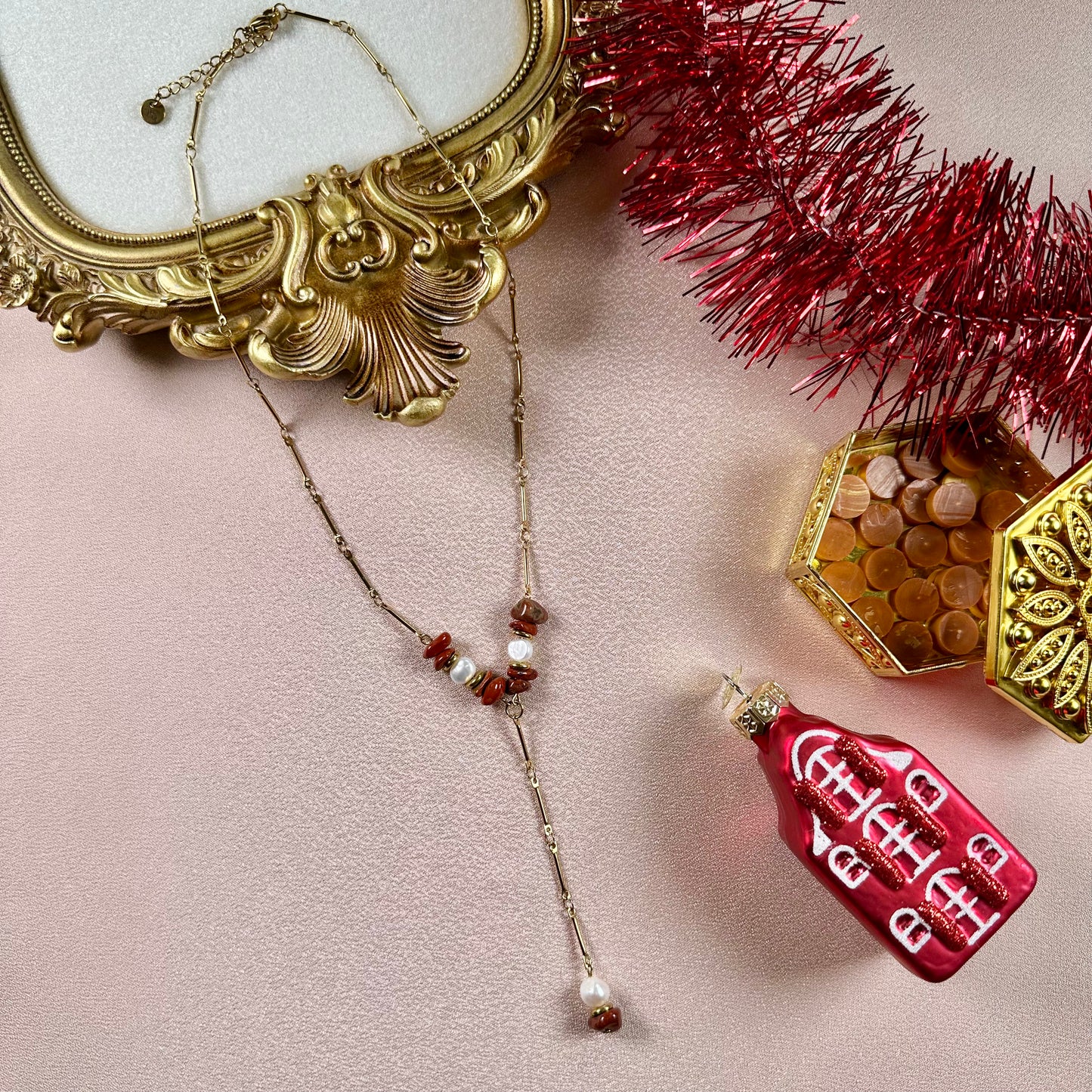 Collier en Y Perla - Jaspe Rouge